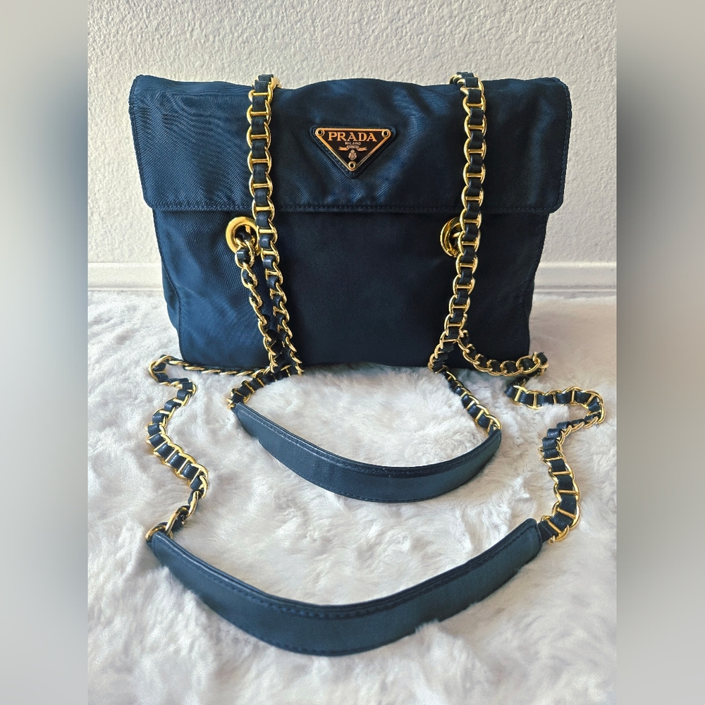 Prada Blue Nylon Chain Shoulder Bag